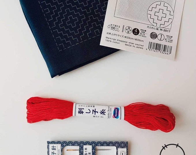 DIY for Beginner Sashiko Embroidery Kit With Red Sashiko Thread, Two Needles and a Square of