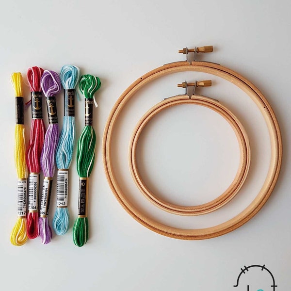Embroidery starter kit, 5 colors of Anchor mouline thread for hand embroidery, 8m skein stranded cotton, two embroidery hoops to 10 and 15cm