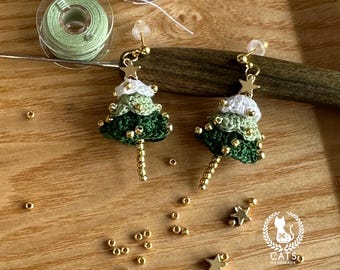 Handmade Micro Crochet Christmas Tree Earrings: 14k Gold Studs