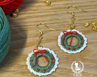 Handmade Micro Crochet Christmas Wreath Earrings: 18k Gold Jewelry