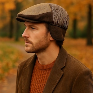 Può includere: Un berretto newsboy marrone e beige con paraorecchie. Il berretto presenta un motivo a spina di pesce sul lato e una visiera marrone tinta unita. La persona nell'immagine indossa una giacca di velluto a coste marrone e un maglione arancione.