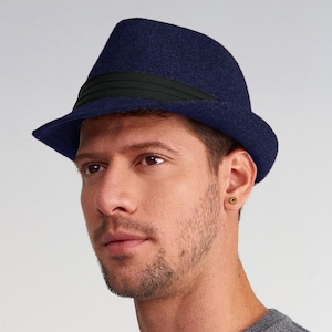 Navy Wool Fedora Hat: Short Brim Trilby, Groomsman Gift