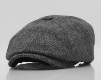 Herringbone Newsboy Cap: Dark Gray Wool Blend, Peaky Blinders Style