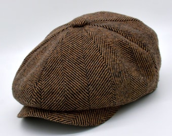 Burnt Brown Herringbone Cap, Mens Newsboy Hat, Casual Copper Wool Cap, Winter Flat Cap, Peaky Blinders Hat, Baker Boy Hat, Fathers Day Gift