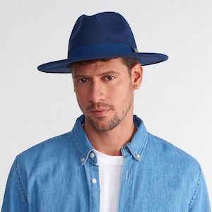Navy Vegan Felt Fedora Hat: Wide Brim Winter Hat with Ribbon