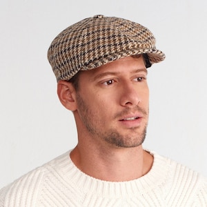 Berretto in lana a 8 pannelli con motivo pied de poule, cappello Peaky Blinders, cappello Baker Boy, berretto piatto irlandese, berretto da giornalaio in lana, cappello invernale da uomo