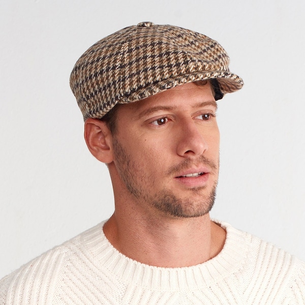 Houndstooth Wool 8 Panels Cap, Peaky Blinders Hat, Baker Boy Hat, Irish Flat Cap, Wool Newsboy Cap, Winter Men Hat