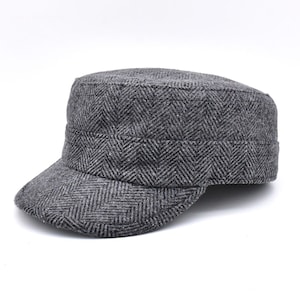Winter Herringbone Military Cap, Wool Army Style Hat, Castro Cap, Men Winter Hat, Unisex Camper Hat