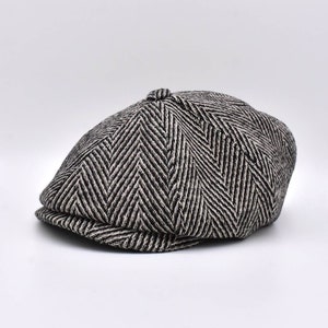 Black Herringbone Wool Blend Newsboy Cap: Gatsby Bakerboy Hat