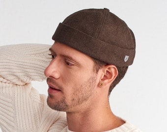 Wool Blend Docker Cap: Brown Fisherman Beanie, Unisex Winter Hat