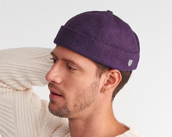 Wool Purple Docker Cap, Winter Hat, Minimalist Fisherman Beanie , Brimless Hat, Unisex Skullcap, Trawler Beanie, Gift for Him