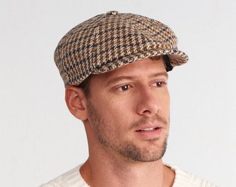 Houndstooth Wool 8 Panels Cap, Peaky Blinders Hat, Baker Boy Hat, Irish Flat Cap, Wool Newsboy Cap, Winter Men Hat