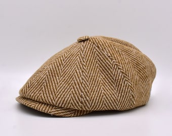 Casquette gavroche en laine à chevrons moutarde, chapeau Peaky Blinders, chapeau en laine 8 panneaux, casquette plate irlandaise, casquette gavroche homme, chapeau Gatsby, cadeau fête des pères