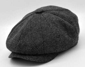 Dark Gray Herringbone Newsboy Cap: 8 Panel Peaked Hat