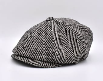 Black Herringbone Wool Blend Newsboy Cap: Gatsby Bakerboy Hat