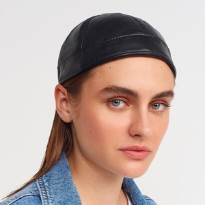 Rave Women Hat, Leather Skullcap, Black Docker Hat, Modern Black Beanie Hat, Minimalist Leather Cap, Brimless Hat