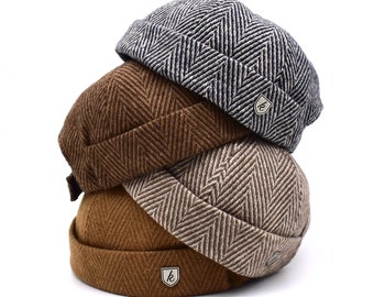 Zigzag Wool Docker Cap, Herfsthoed, Minimalistische Muts, Randloze Hoed, Unisex Skullcap, Sailor Cap, Cadeau voor hem