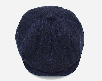 Newsboy Cap for Men, Navy Herringbone Flat Cap, Ivy Hat Wool Blend, Mens Caps, Gatsby Hat