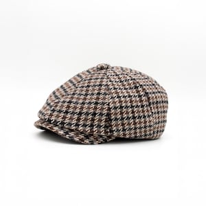 Brown Houndstooth Newsboy Hat, Wool 8 Panel Cap, Fall-Winter Hat, Unisex Flexible Stretch Fit Hat, Irish Flat Cap, Men Winter Hat