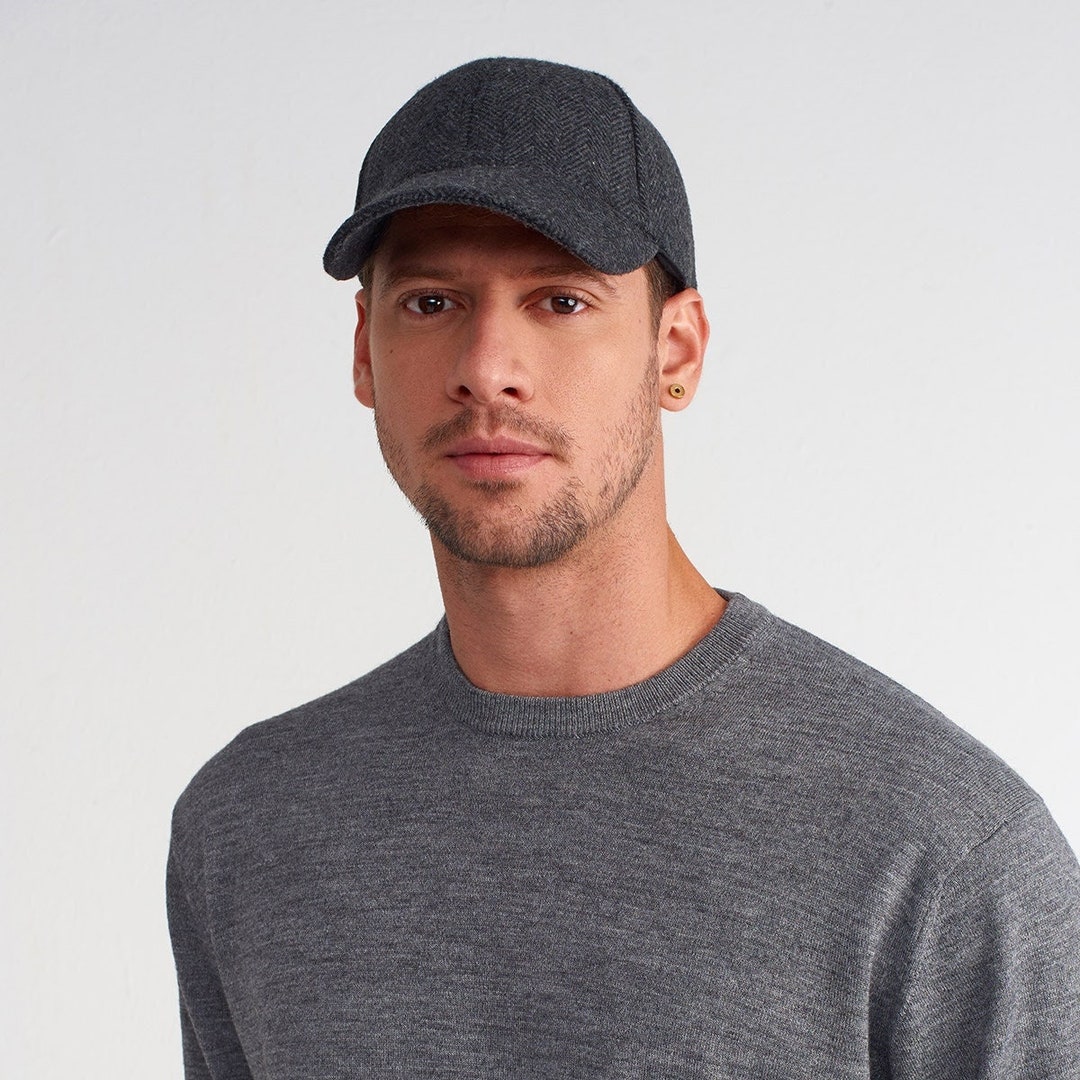 Wool Baseball Hat, Dark Gray Wool Baseball Cap, Men Winter Hat, Herringbone Warm Hat, Christmas