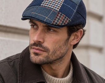 Blue Patchwork Newsboy Hat, Gatsby Style, Unisex Winter Cap