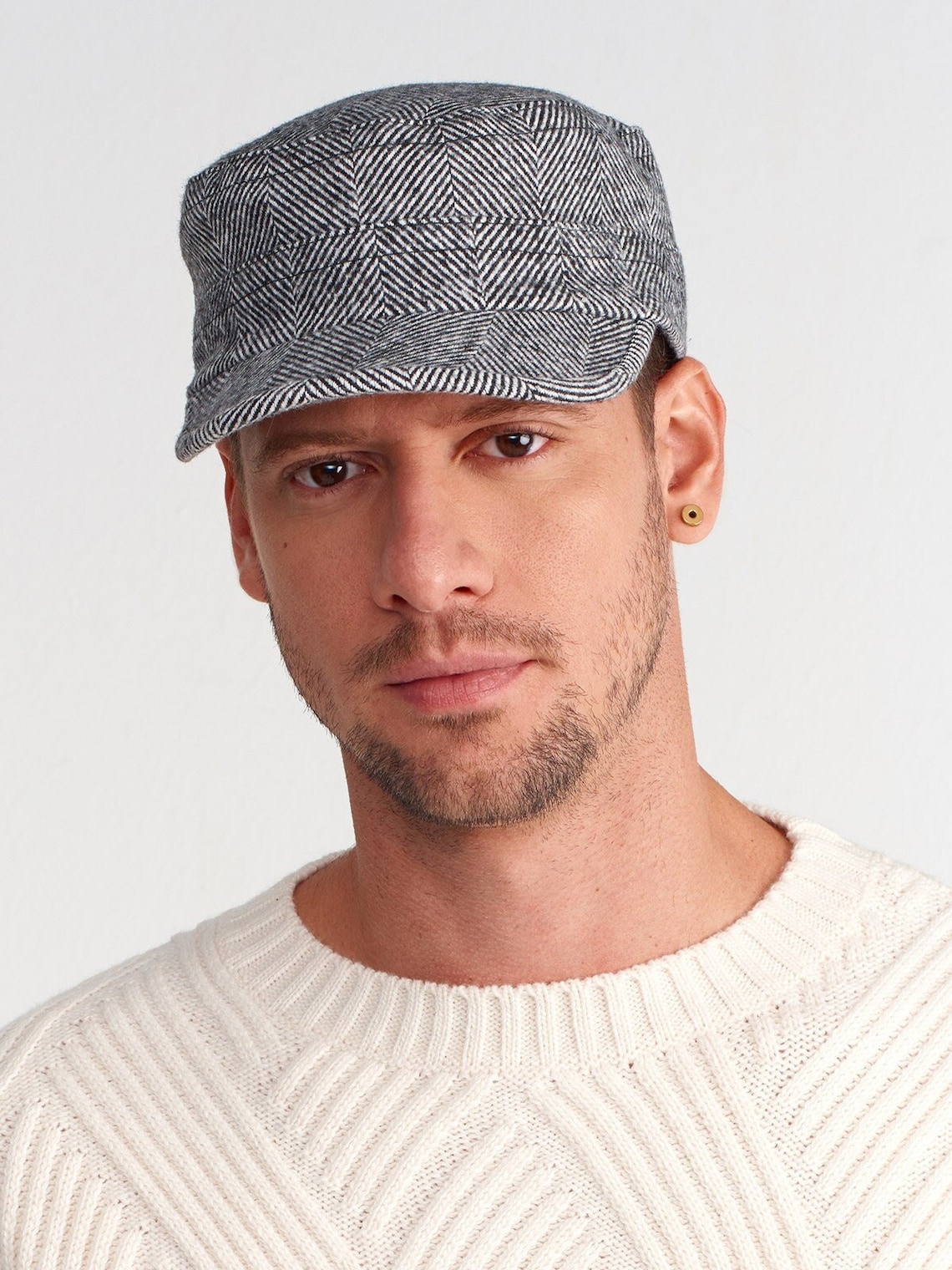 Winter Military Cap Wool Army Style Hat Herringbone Pattern Etsy