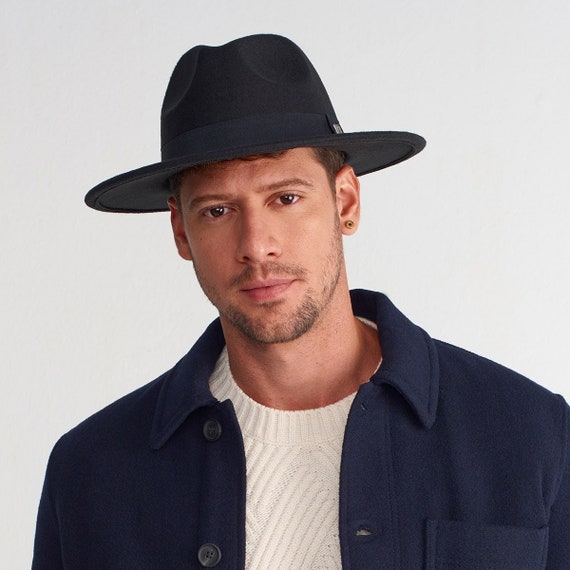 Black Panama Hat Wide Brim Fedora Hat Vegan Felt Hat Winter Fedora Hat With Ribbon Etsy