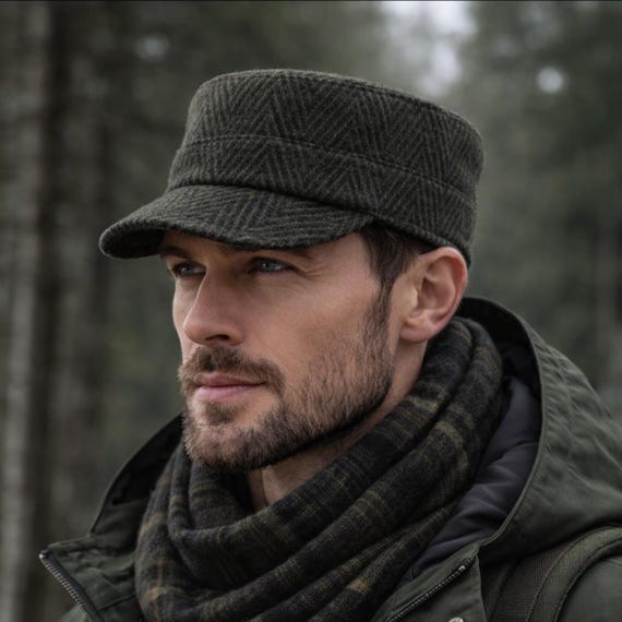 Herringbone Wool Castro Cap – Vintage Military Hat for Men