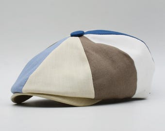 Tidningskeps i linne i lapptäcke | Sommarhatt unisex