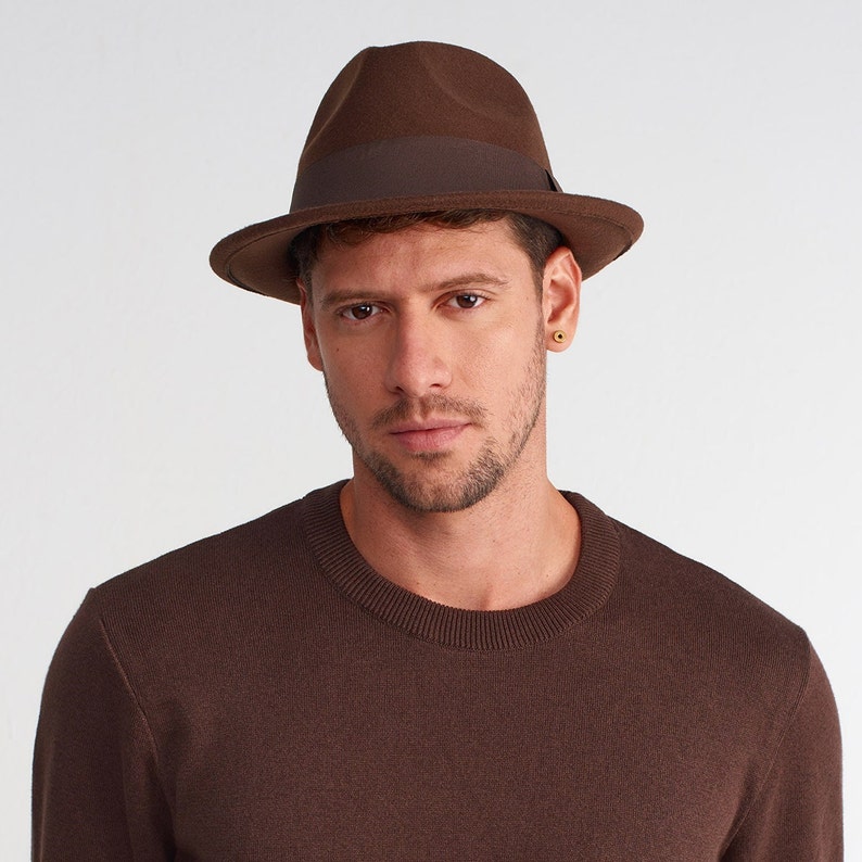 Brown Fedora Hat, Trilby Hat, Short Brim Hat, Adults Mens Womens Festival Hat, Men Vegan Felt Hat, Groomsmen Fedora Hat image 4