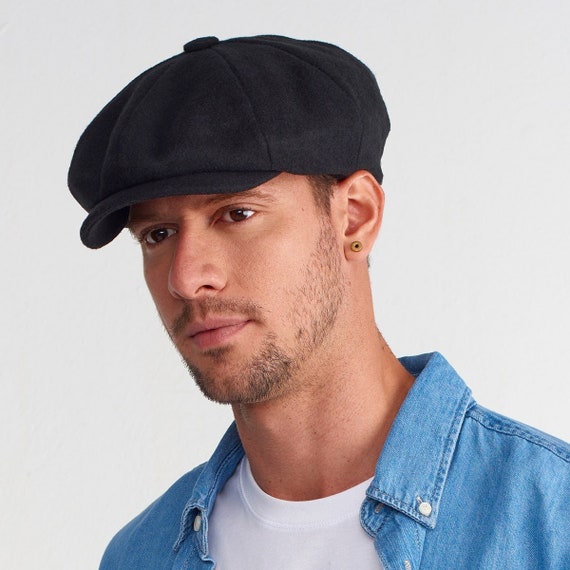 Gorra negra de Newsboy, sombrero de invierno para hombre, gorra