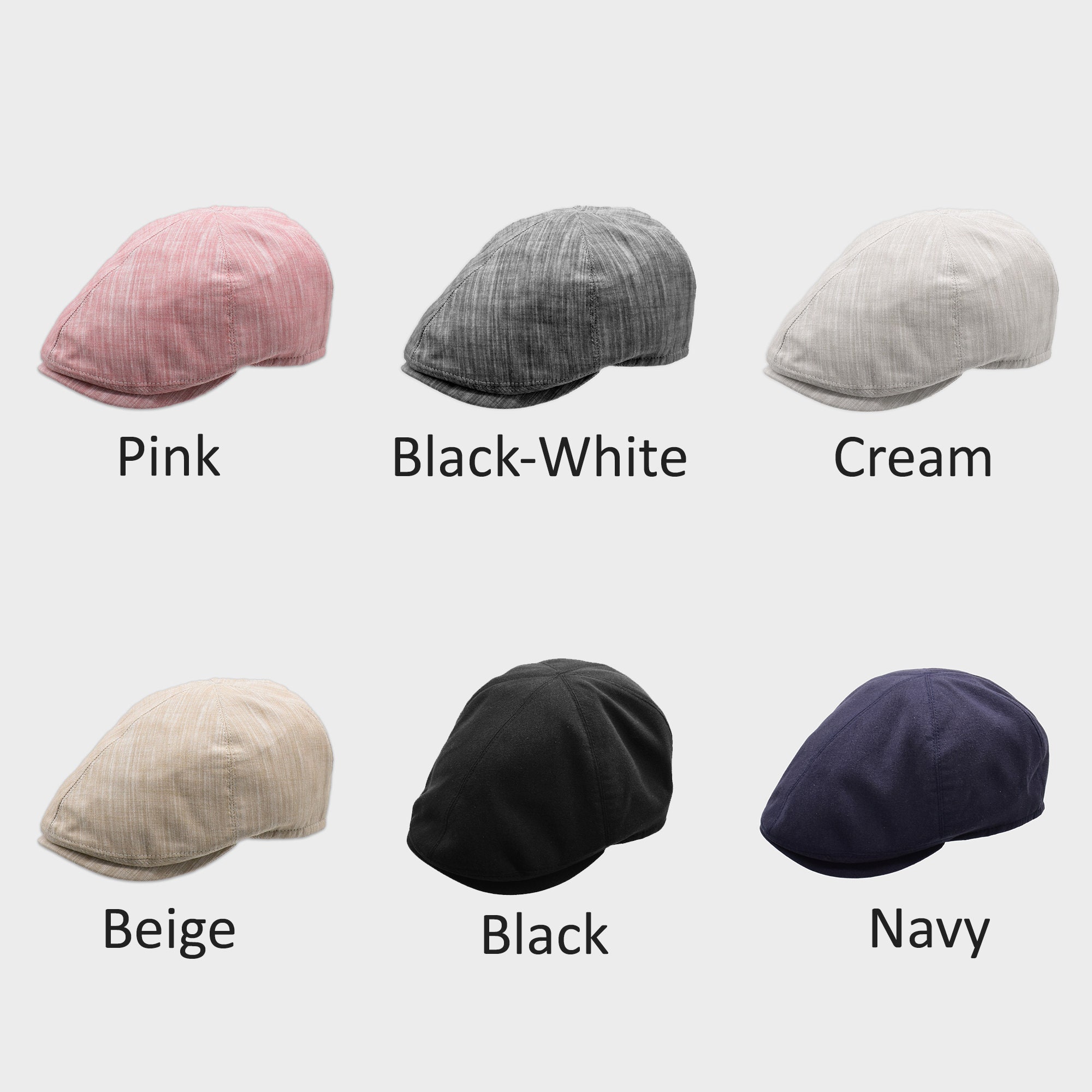 Linen 6 Panel Flat Cap, Summer Irish Cap, Mens Summer Hat, Short-Brimmed Hat, Tailored Cap, 6 Colors, 3 Different Sizes