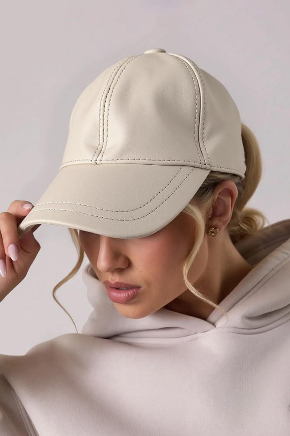 Handmade Ivory Genuine Leather Baseball Cap : Adjustable Unisex Hat