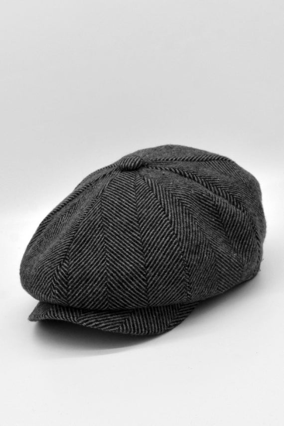 Dark Gray Herringbone Cap, 8 Panels Newsboy Hat, Casual