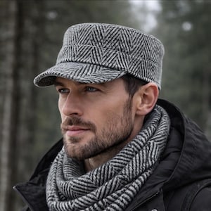 Herr ullkadettmössa – brun tweed militärhatt – vintage hundtandsmössa för utomhusbruk