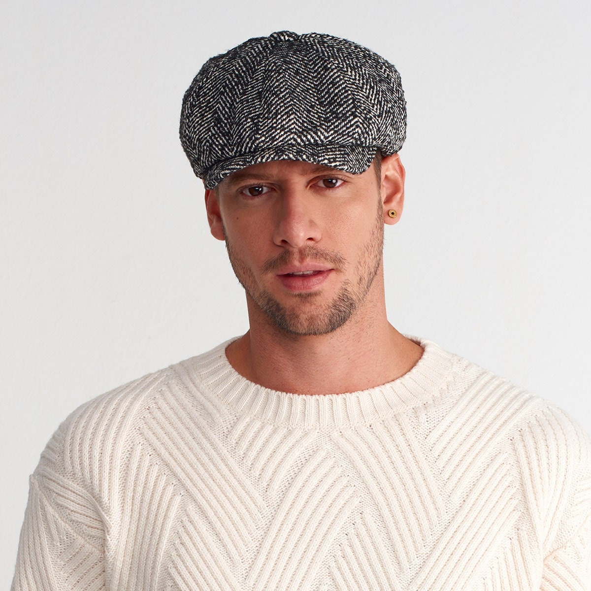 Herringbone Pattern Driving Cap, Gatsby Hat, Wool Newsboy Cap, Peaky