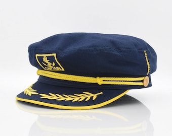 Unisex-Mütze mit Kapitänstext-Stickerei, Größenoptionen, Matrosenstil, 2 Farben Marineblau und Weiß, Yachtboot-Kostüm, Fiddler-Mütze
