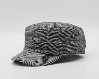 Herringbone Camper Hat, Winter Army Style Hat, Unisex Wool Cap, Mens Cap, Birthday Gift