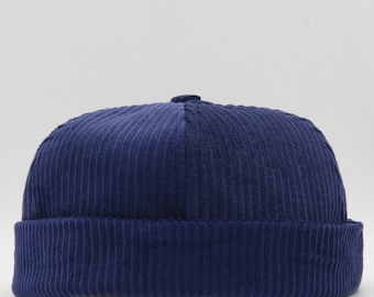 Navy Blue Corduroy Docker Hat: Unisex Brimless Skullcap