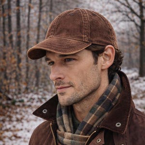 May include: A brown corduroy baseball cap with a structured crown and a curved brim. The fabric features a distinct vertical ribbed texture, providing a classic look. The cap is designed with a solid color finish and a standard six-panel construction.