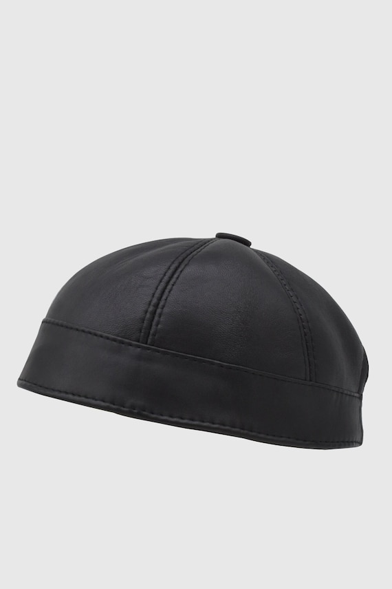 Leather Docker Cap, Modern Black Beanie Hat, Fisherman Cap