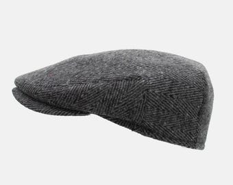 Wool Irish Flat Cap with Foldable Ear Flaps: Gray Herringbone Newsboy Hat