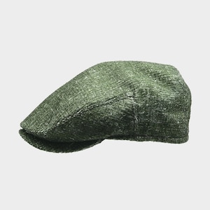Mens Green Textured Flat Cap: Summer Sack Fabric Hat