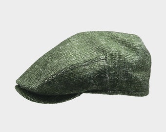 Mens Straw Textured Flat Cap, Green Irish Flat Cap, Summer Sack Fabric Hat, Fathers Day Gift