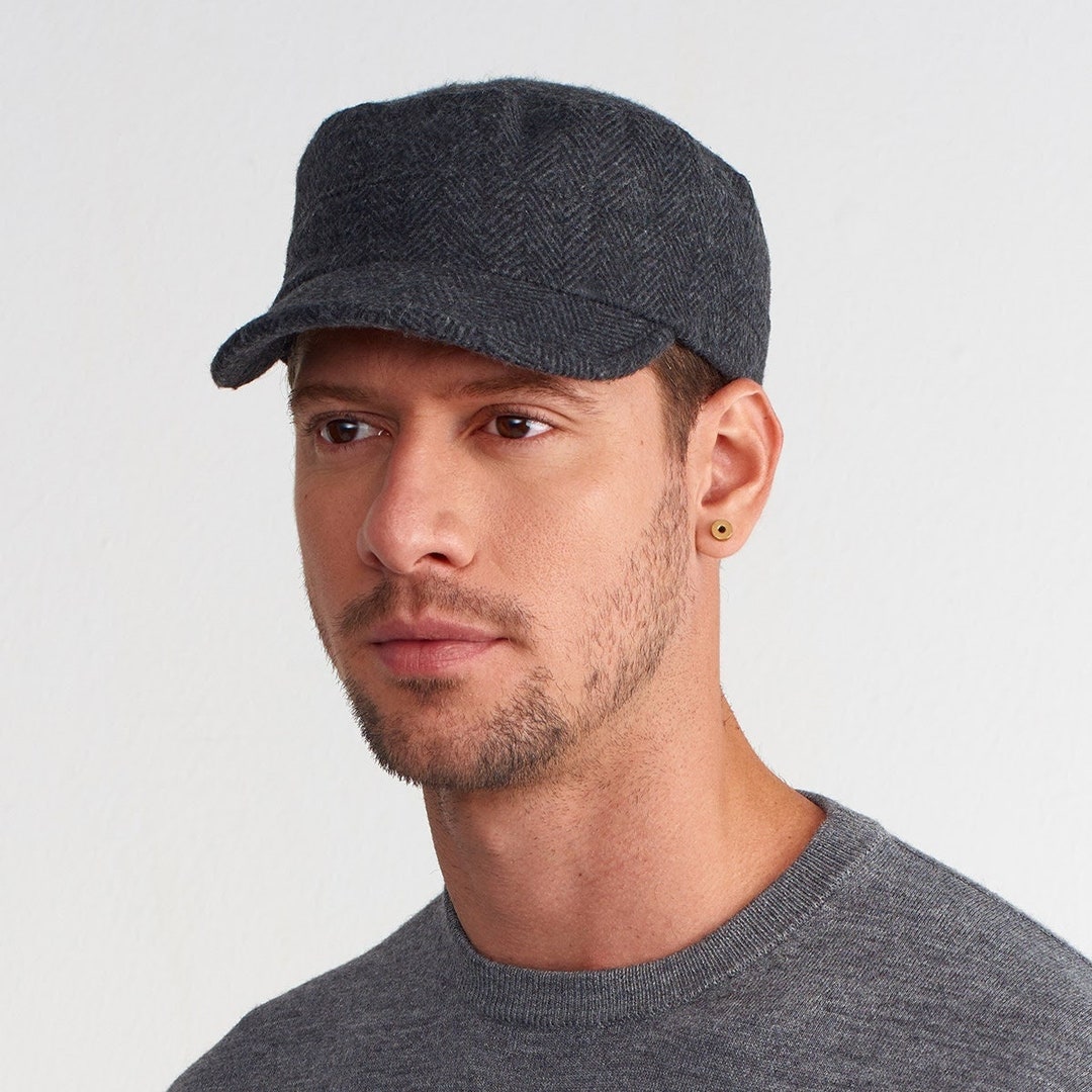 Winter Military Cap, Wool Army Style Hat, Herringbone Pattern Camper