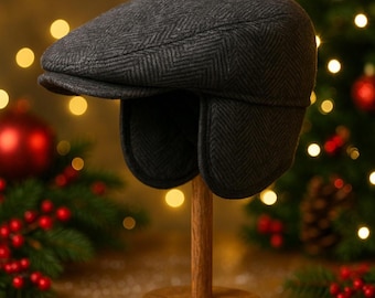 Wool Irish Flat Cap with Ear Flaps: Padded Newsboy Hat - Winter gift for Men