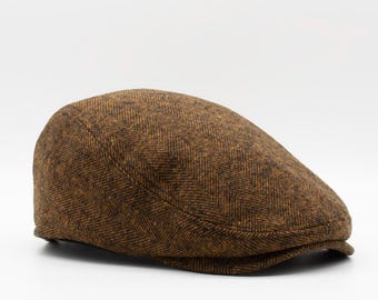 Irish Wool Herringbone Flat Cap: Burnt Brown Newsboy Hat