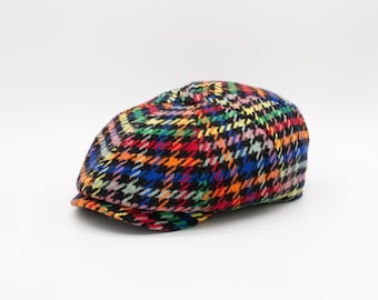 Flerfärgad tidningsboyhatt, ullkeps med 8 paneler, hundtandsmönster, unisex flexibel stretchhatt, irländsk platt keps, julklapp