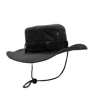 May include: A black cotton boonie hat with a wide brim and a chin strap. The hat has a black band around the crown and two brass eyelets.