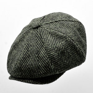Green Herringbone Wool Blend Cap: Peaky Blinders Style